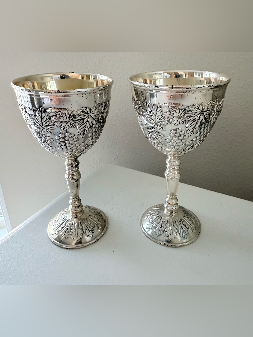 Taj Importing | Set Of 2 Silver Tone Goblets Metal San Francisco | Distressed